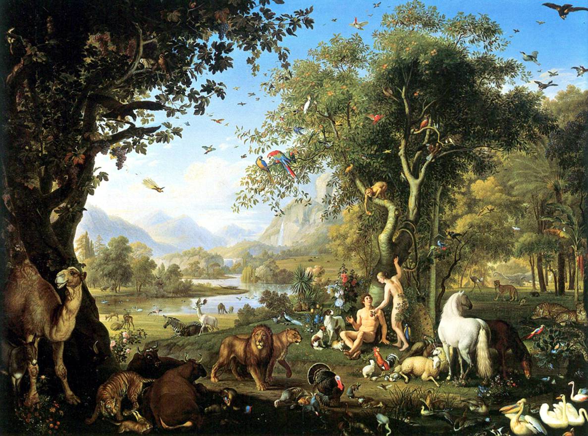Adam und Eva mit Tieren im Paradies